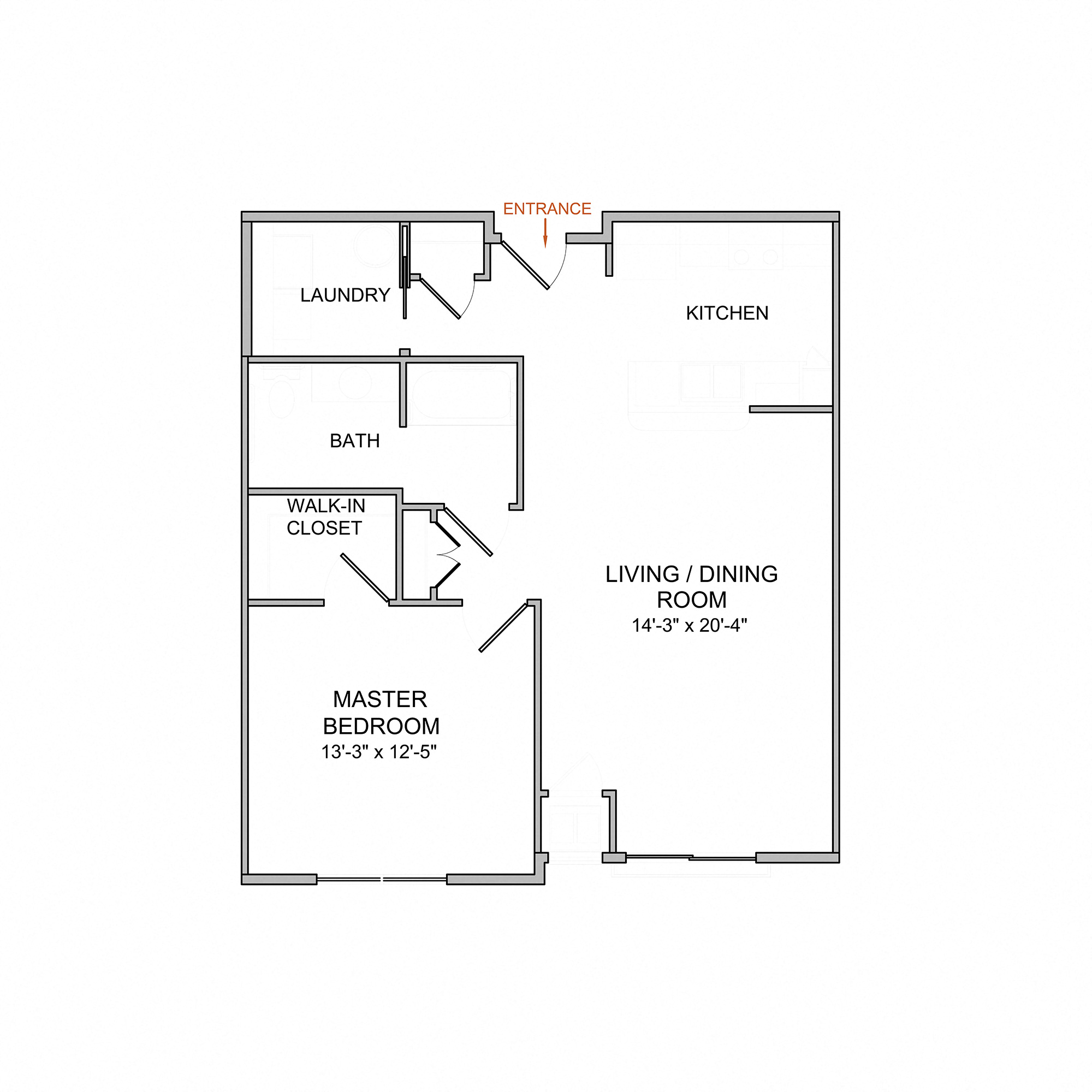 Floor plan for 1 bed, 1 bath, 832 sqft